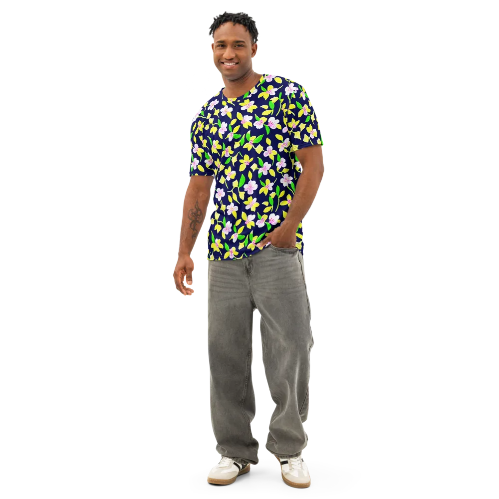Navy Blossom on Men's Cotton Crew Neck T-Shirt — Front