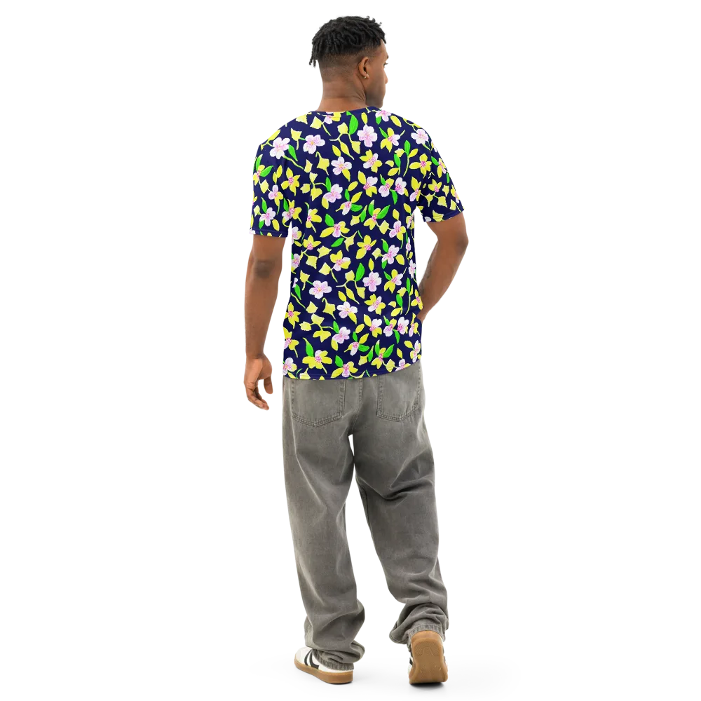 Navy Blossom on Men's Cotton Crew Neck T-Shirt — Back