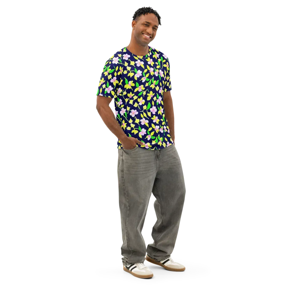 Navy Blossom on Men's Cotton Crew Neck T-Shirt — Right Front