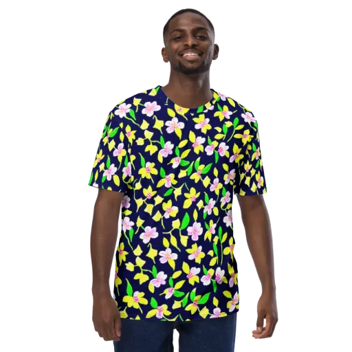 Navy Blossom on a Men's Crew Neck T-Shirt