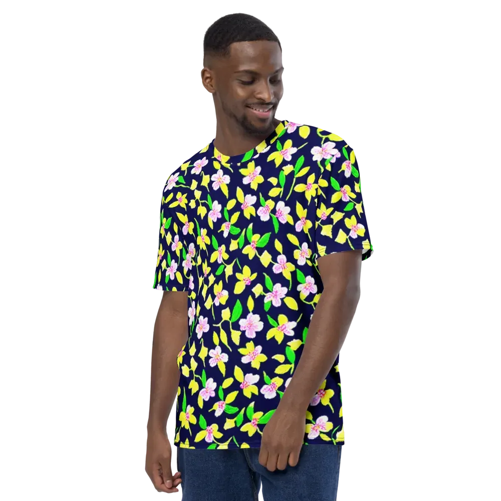 Navy Blossom on Men's Crew Neck T-Shirt — Left