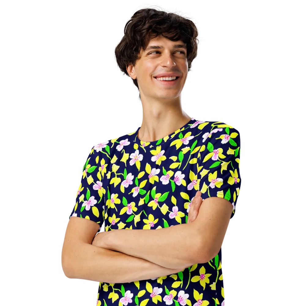 Navy Blossom on Men's Crew Neck T-Shirt — Left Front