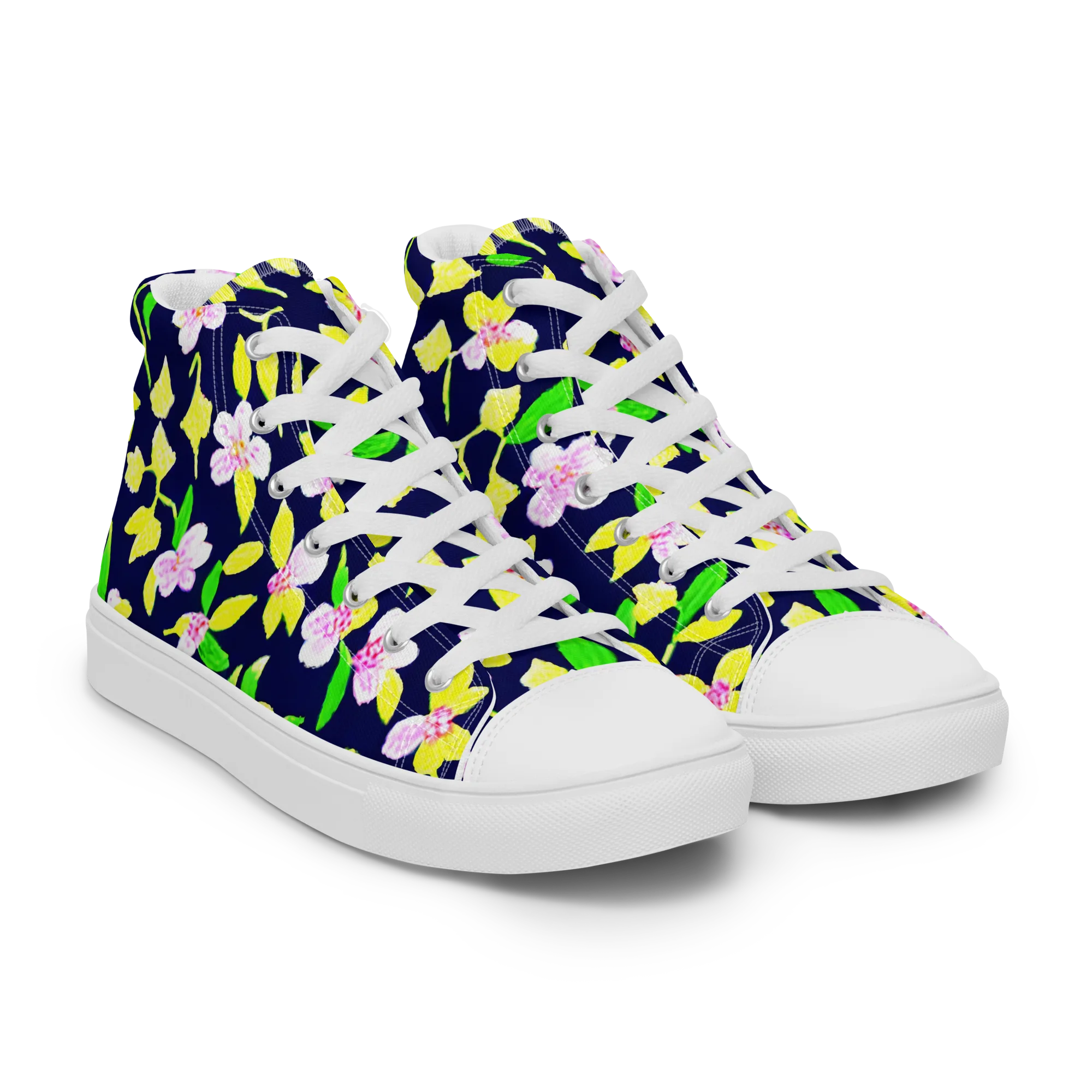 Navy Blossom on Men's High Top Canvas Shoes — Right Front