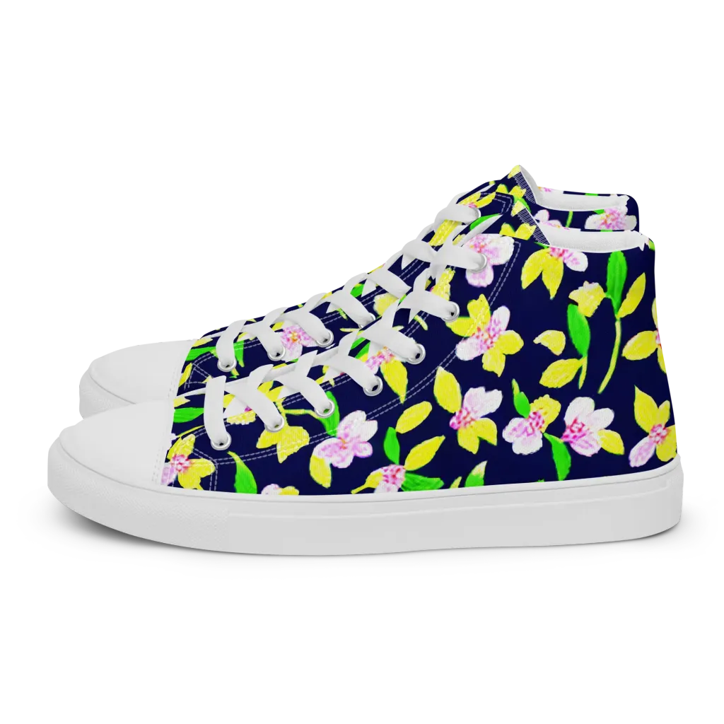 Navy Blossom on Men's High Top Canvas Shoes — Left