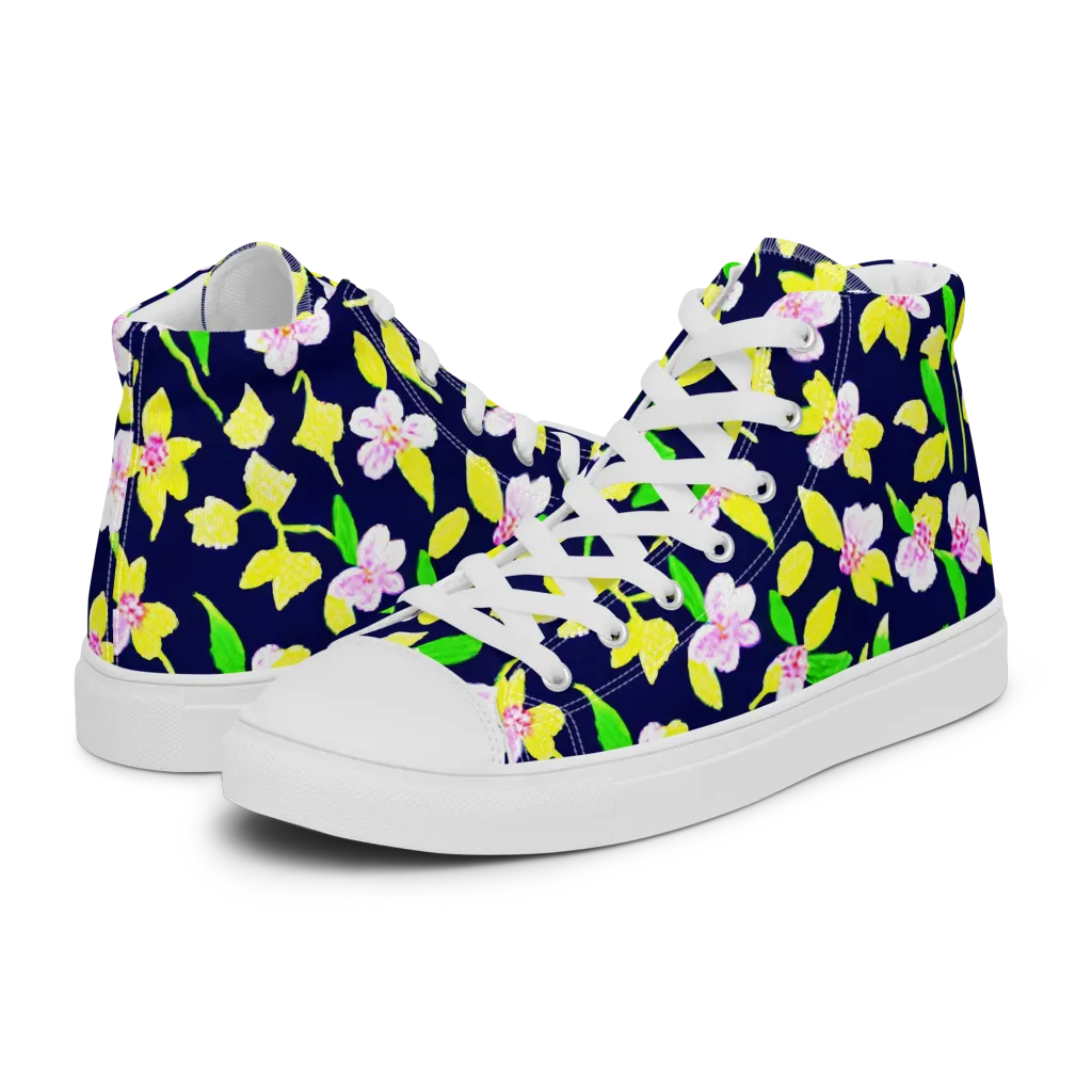 Navy Blossom on Men's High Top Canvas Shoes — Left