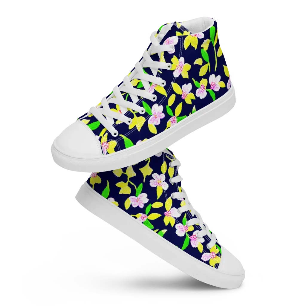 Navy Blossom on Men's High Top Canvas Shoes — Front