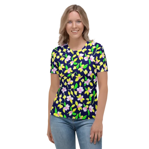 Navy Blossom on a Women's Crew Neck T-Shirt