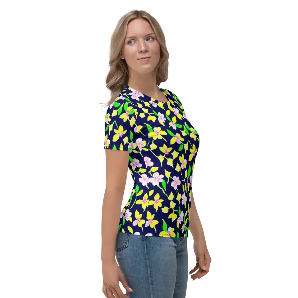 Navy Blossom on Women's Crew Neck T-Shirt — Right