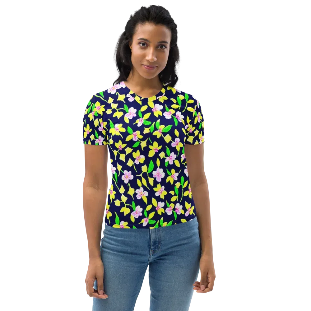 Navy Blossom on Women's Crew Neck T-Shirt — Front