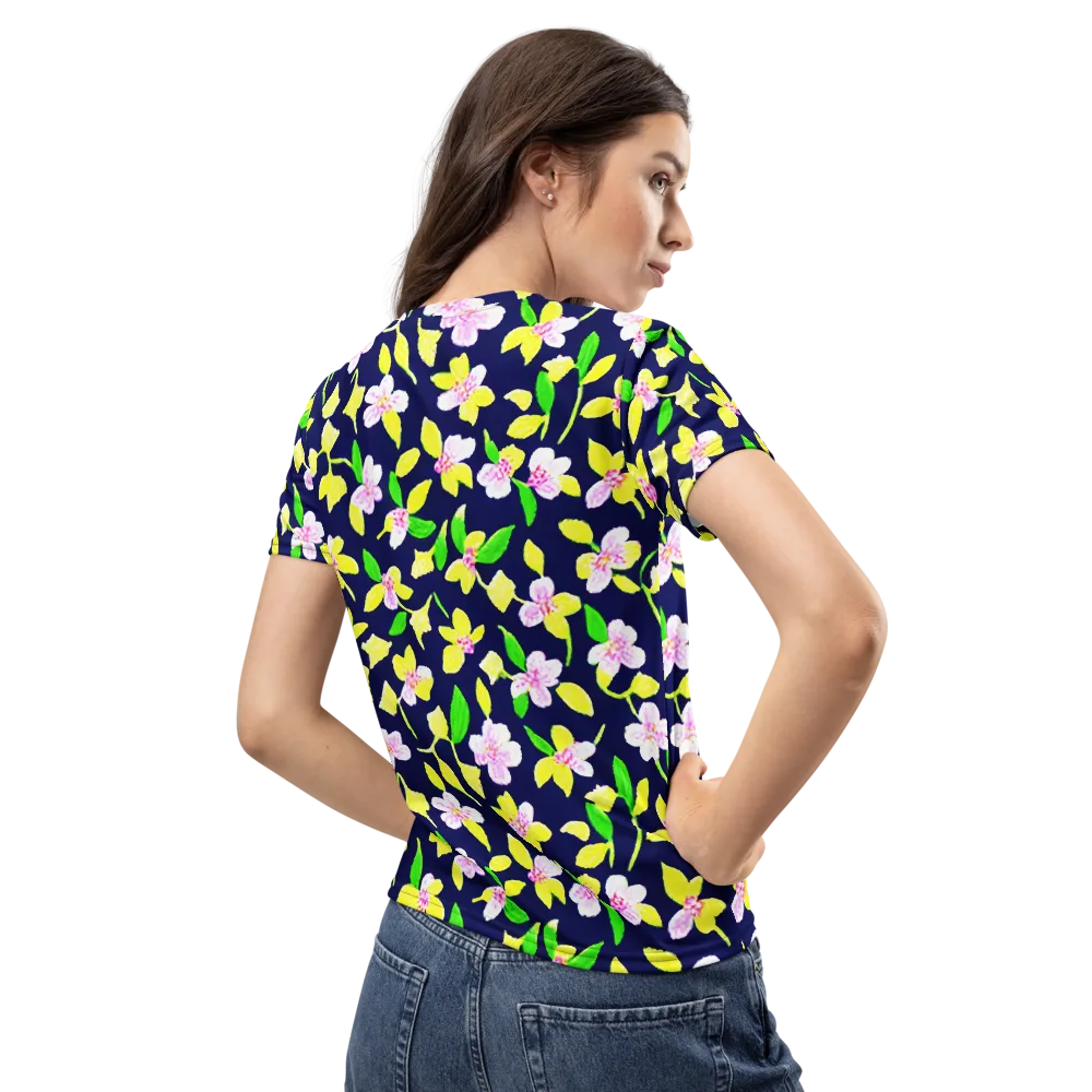 Navy Blossom on Women's Crew Neck T-Shirt — Back