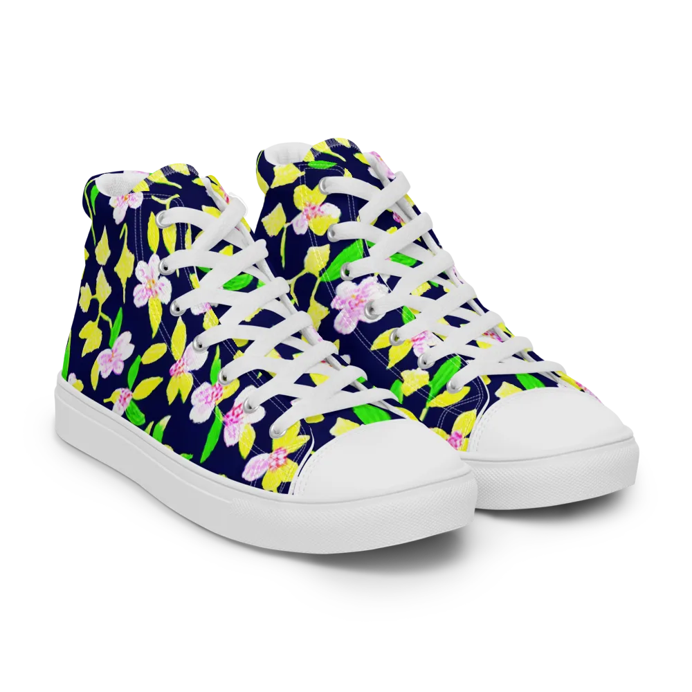 Navy Blossom on Women's High Top Canvas Shoes — Right Front