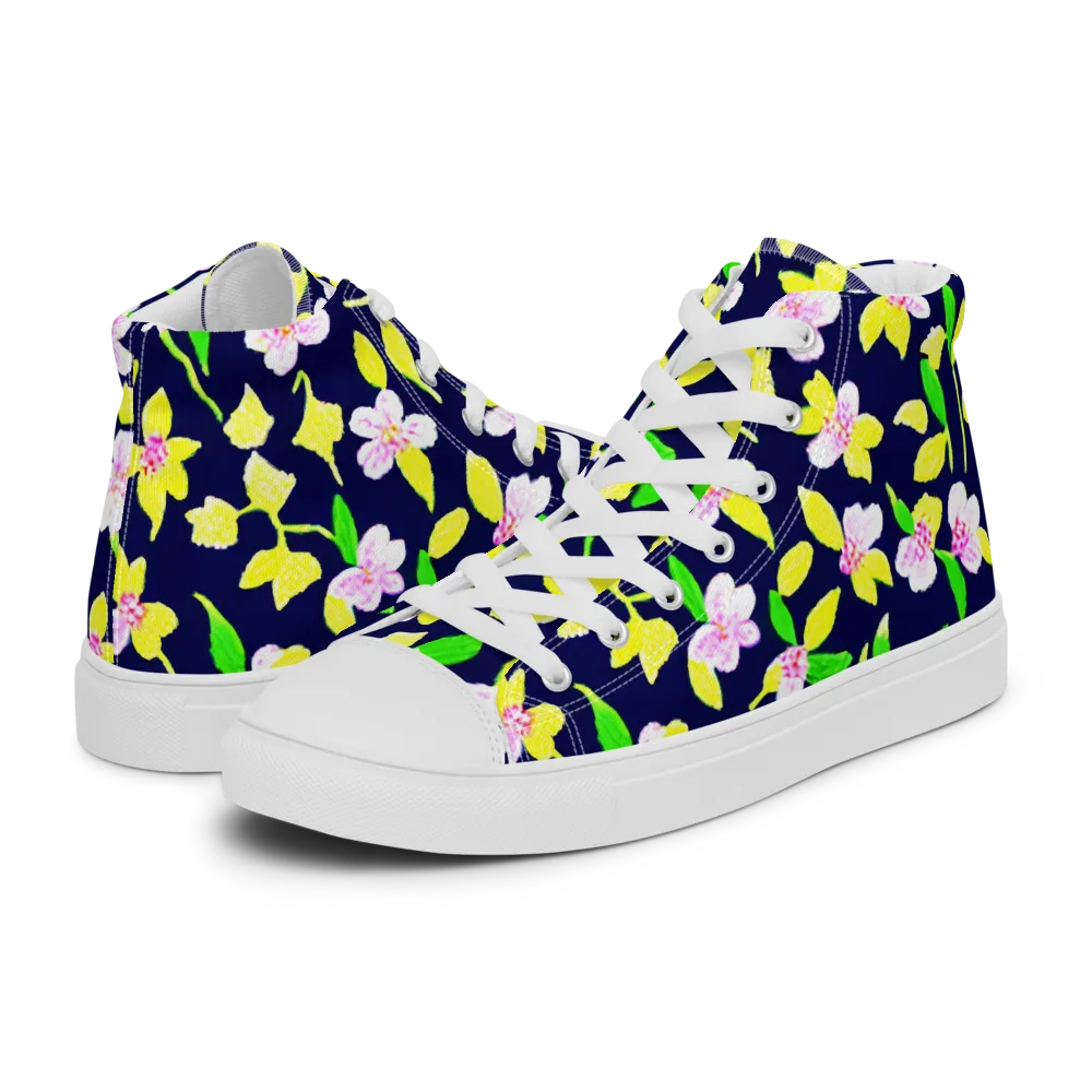 Navy Blossom on Women's High Top Canvas Shoes — Left