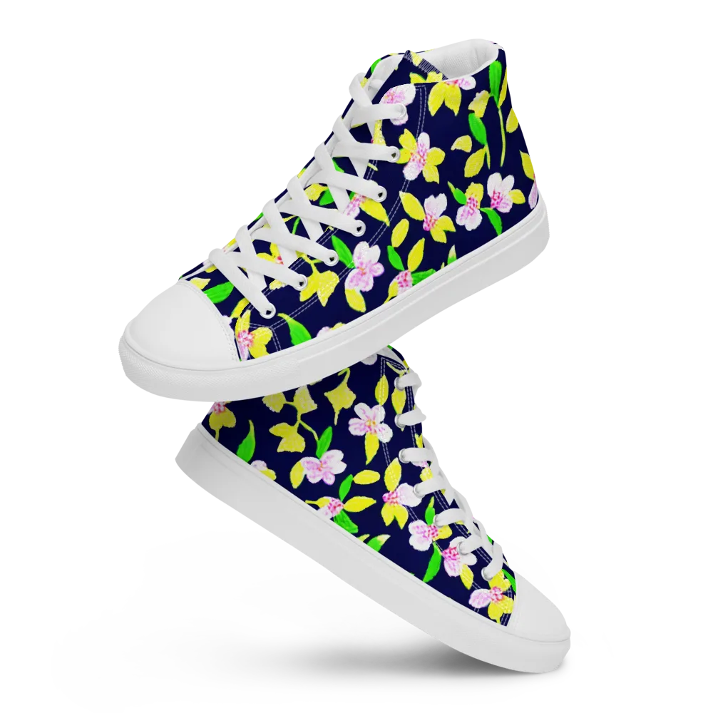 Navy Blossom on Women's High Top Canvas Shoes — Front
