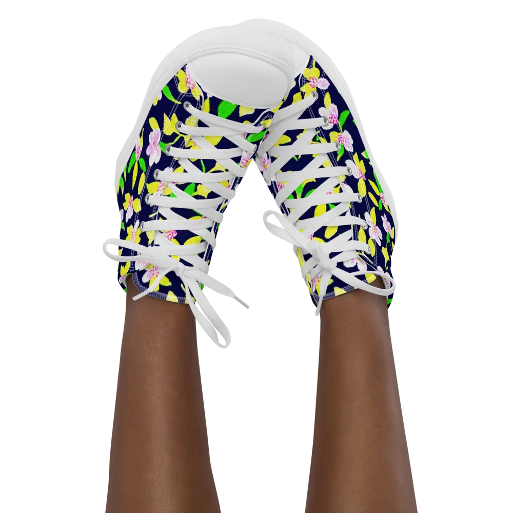 Navy Blossom on Women's High Top Canvas Shoes — Front