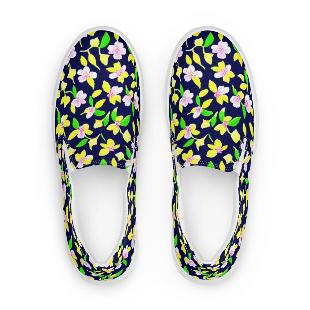 Navy Blossom on Men's Slip-On Canvas Shoes — Front
