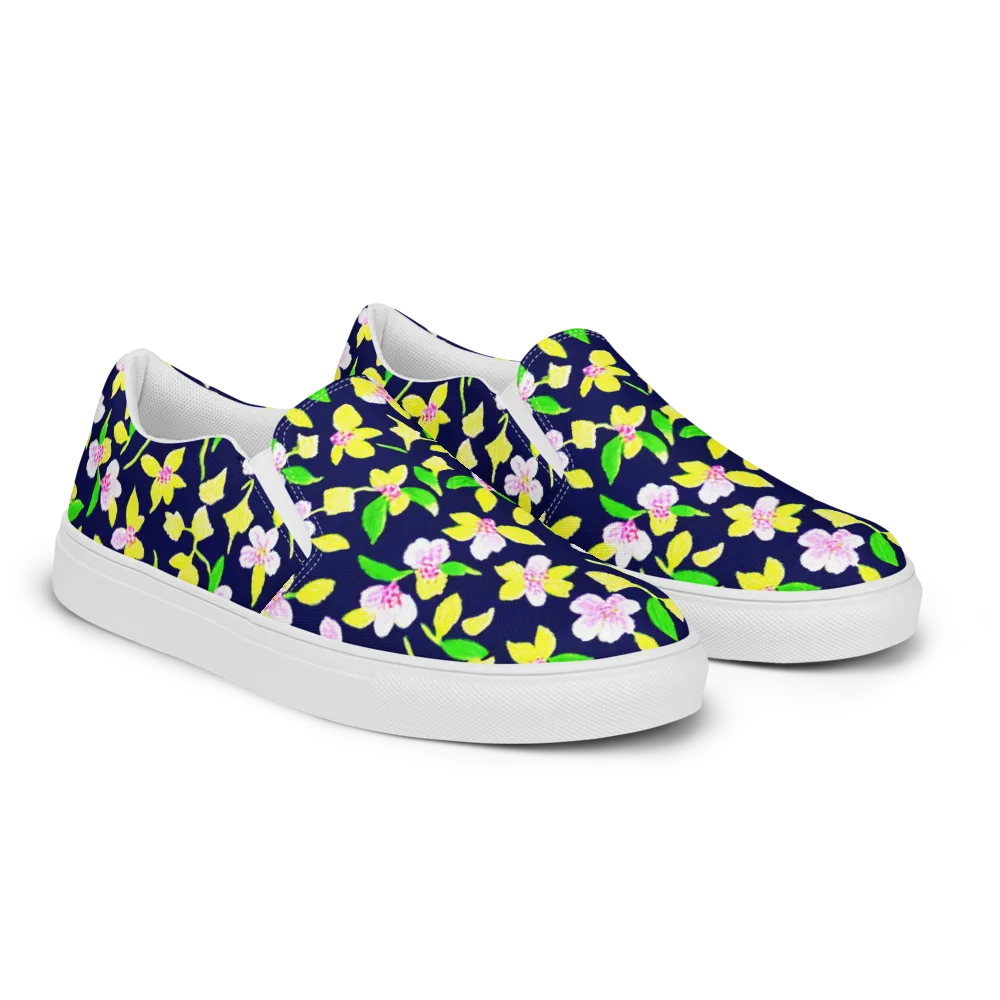 Navy Blossom on Men's Slip-On Canvas Shoes — Right Front