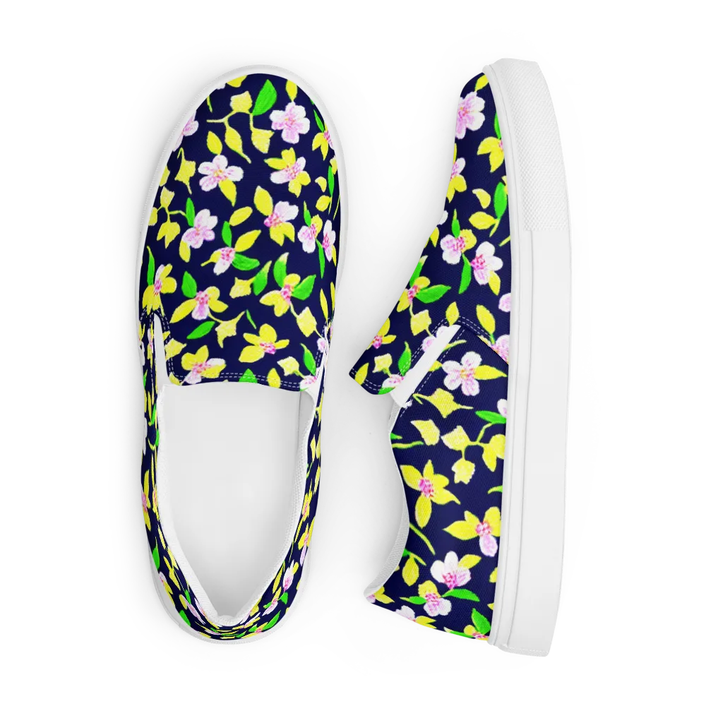 Navy Blossom on Men's Slip-On Canvas Shoes — Front