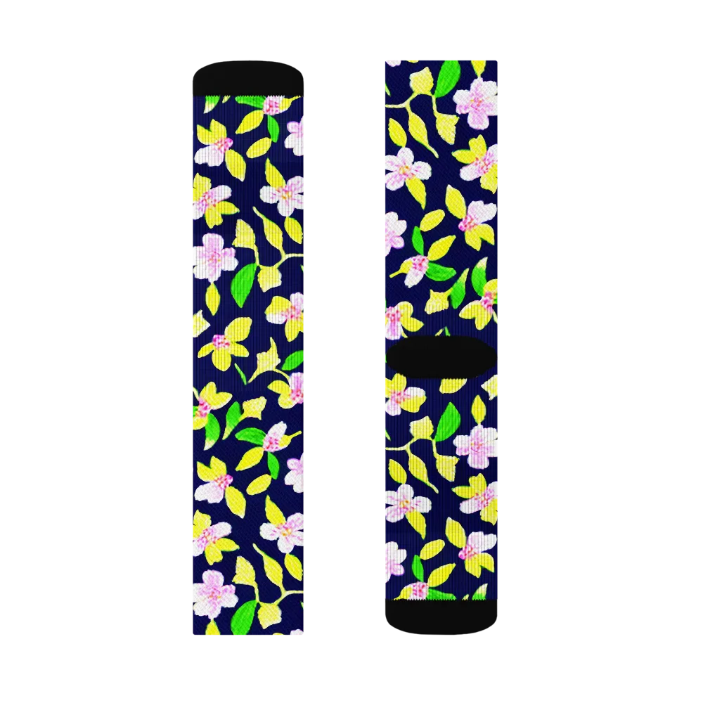 Navy Blossom on Socks — Left Sock