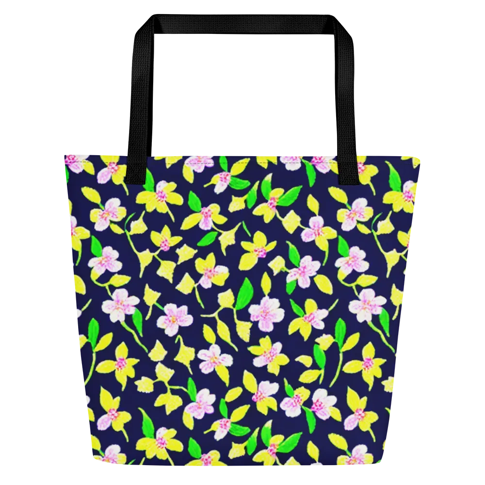 Navy Blossom on Large Tote Bag W/ Pocket — Front