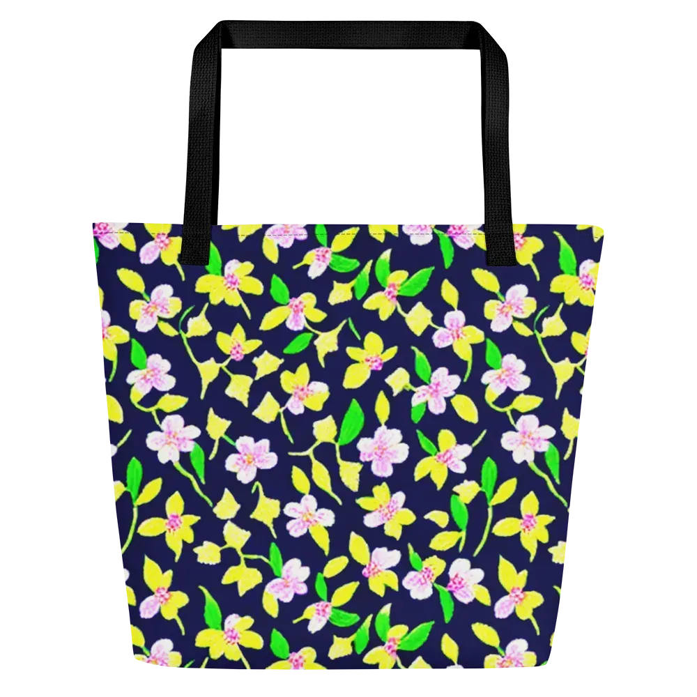 Navy Blossom on Large Tote Bag W/ Pocket — Front