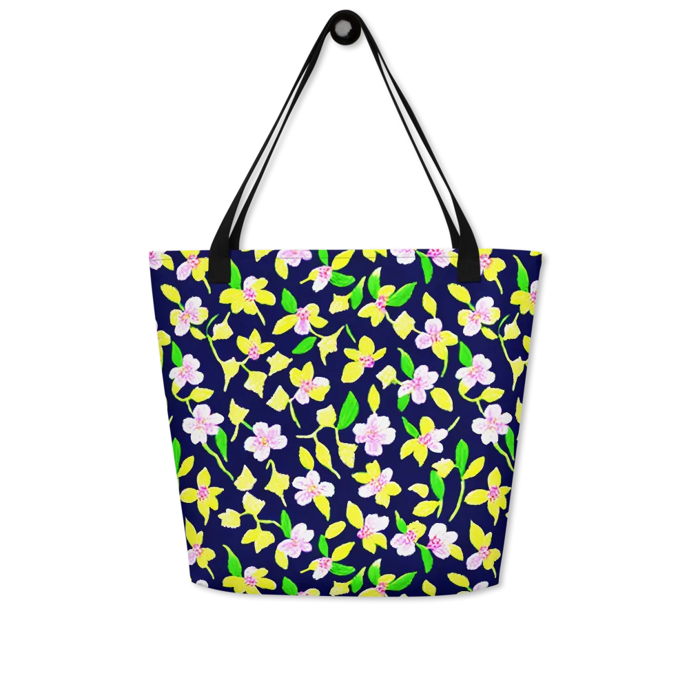 Navy Blossom on Large Tote Bag W/ Pocket — Front