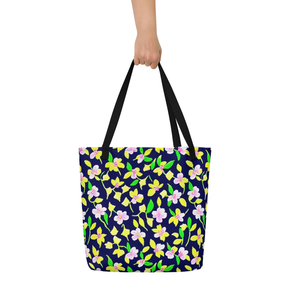 Navy Blossom on Large Tote Bag W/ Pocket — Front