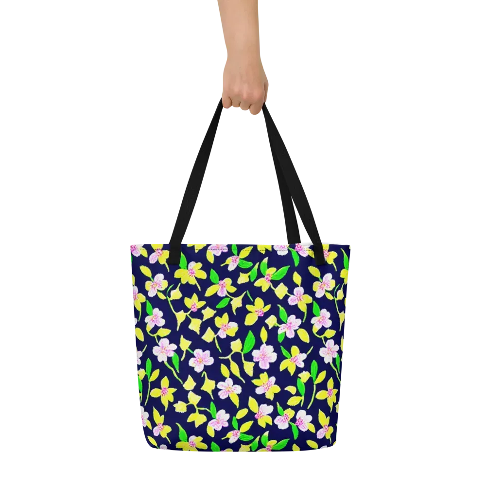 Navy Blossom on Large Tote Bag W/ Pocket — Front
