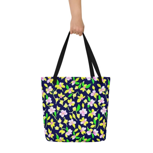 Navy Blossom on a Large Tote Bag W/ Pocket