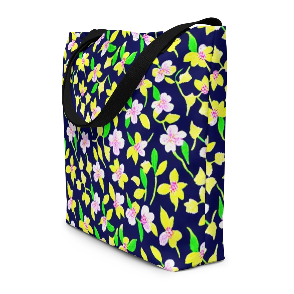 Navy Blossom on Large Tote Bag W/ Pocket — Front