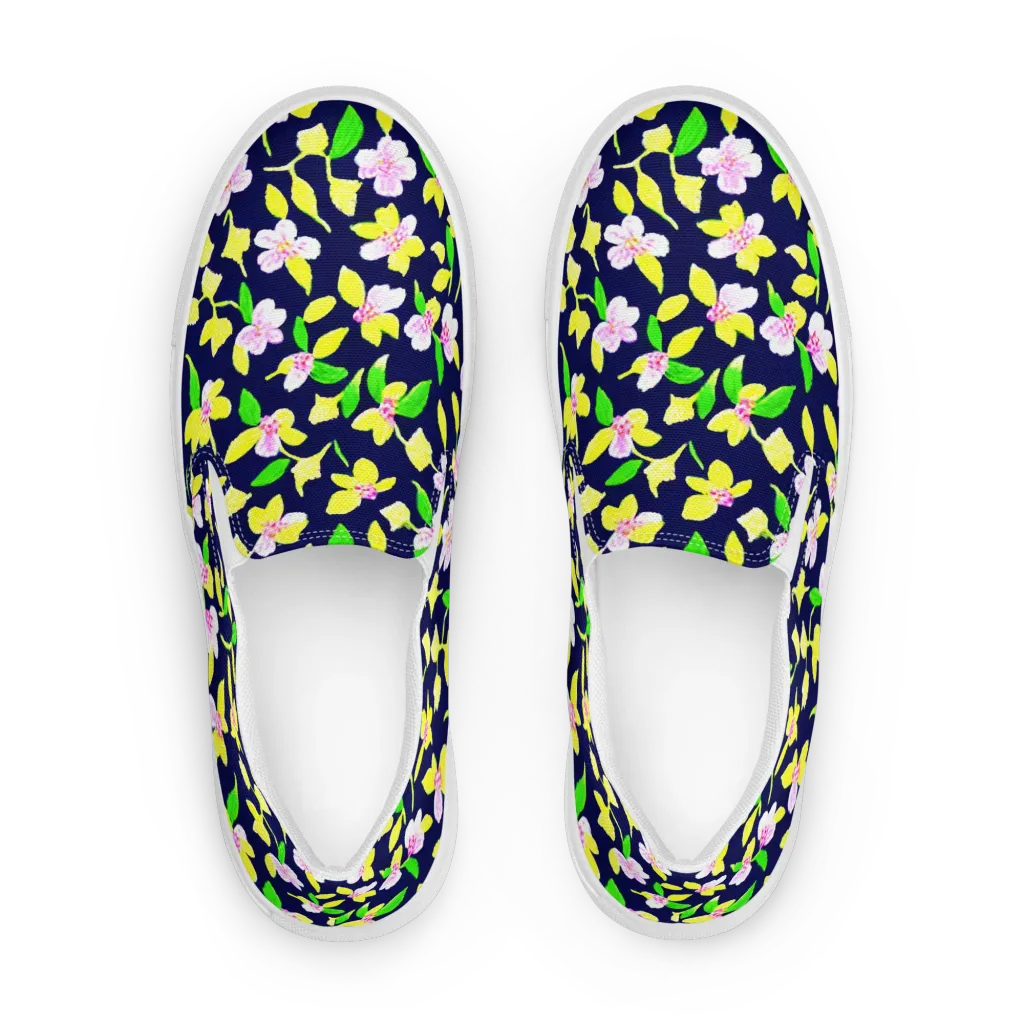 Navy Blossom on Women's Slip-On Canvas Shoes — Front