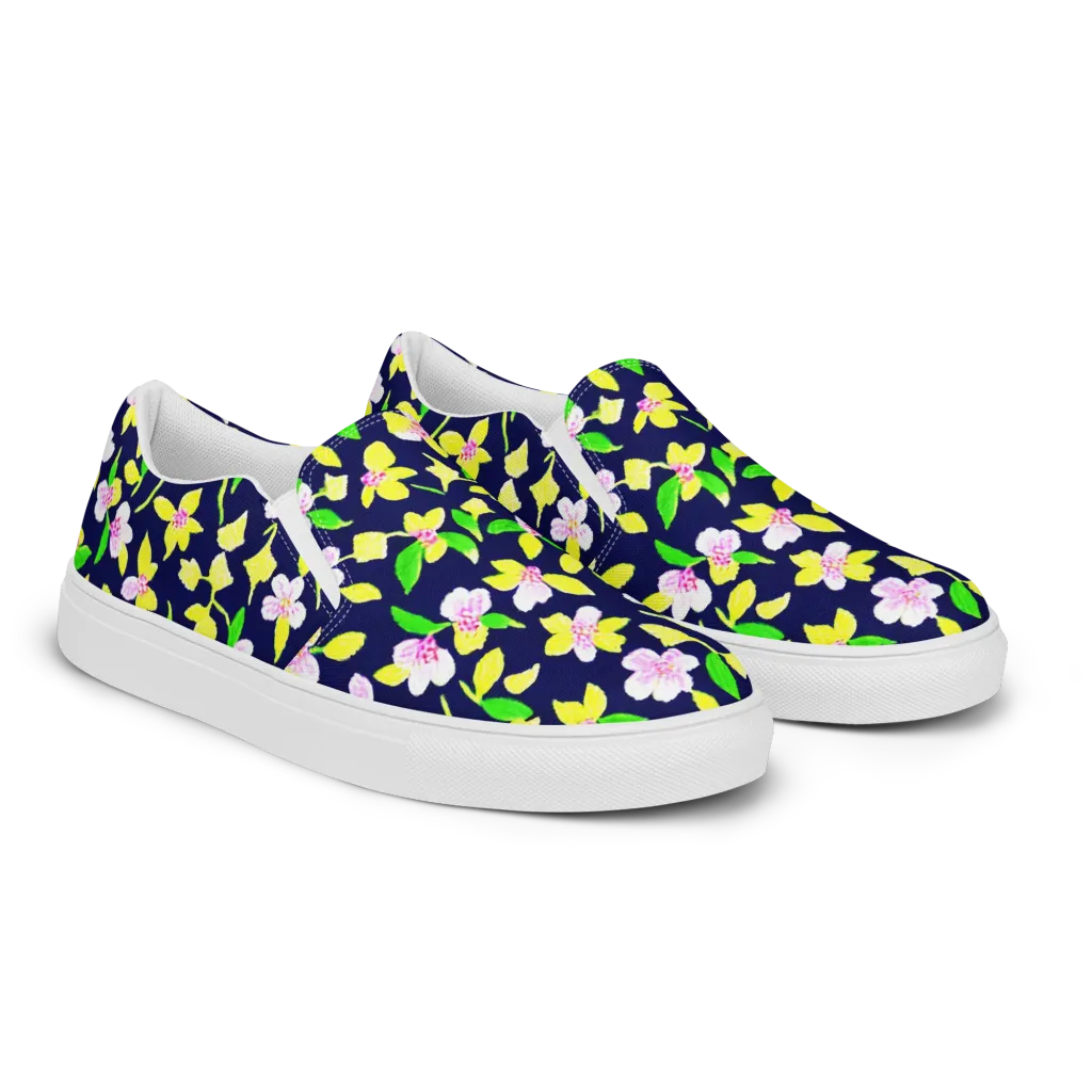 Navy Blossom on Women's Slip-On Canvas Shoes — Right Front