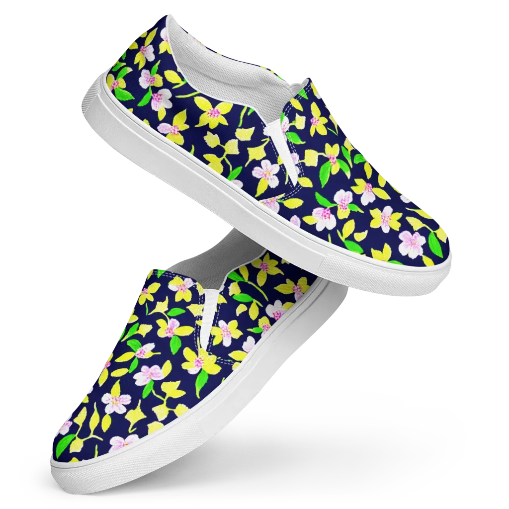 Navy Blossom on Women's Slip-On Canvas Shoes — Front