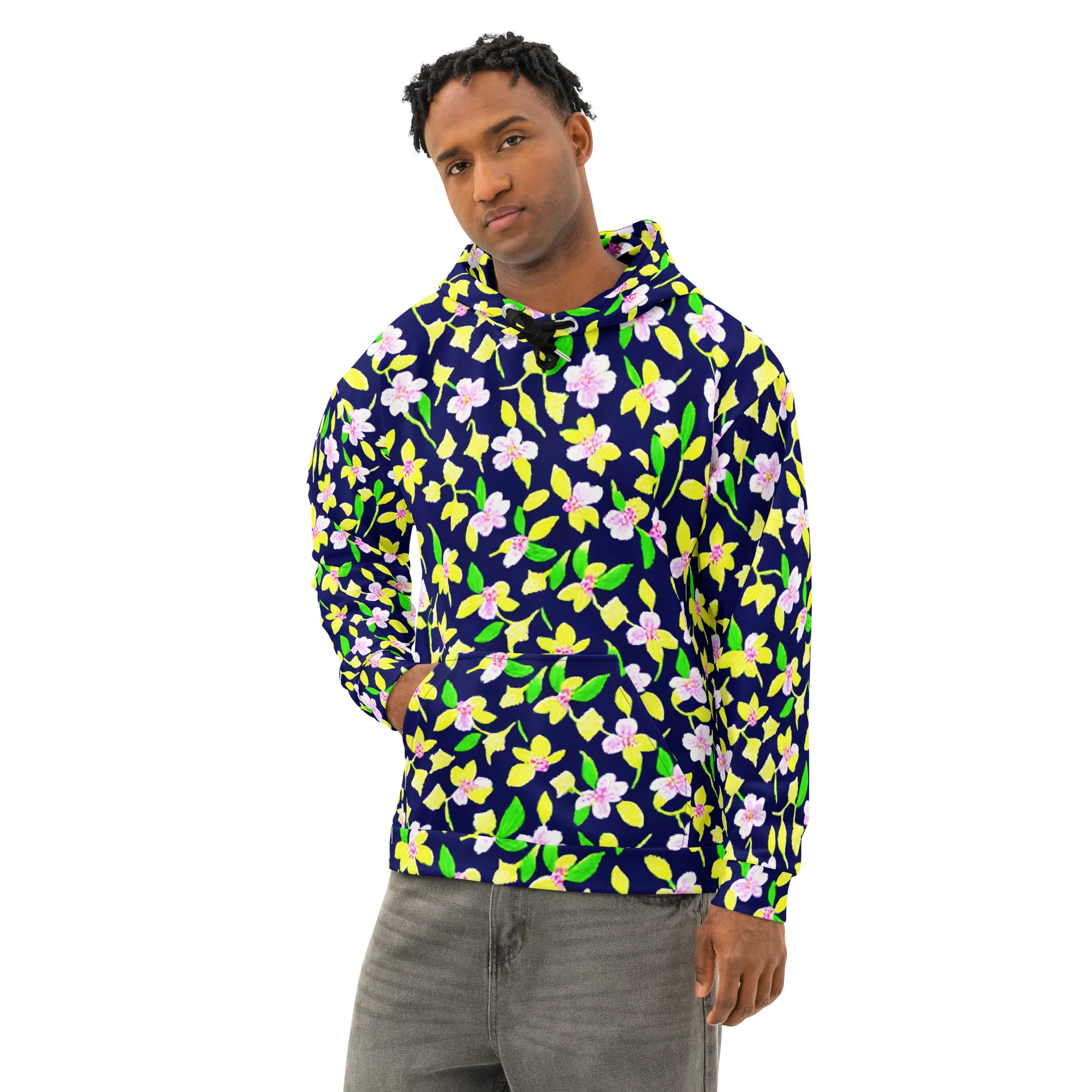 Navy Blossom on Cotton Hoodie — Left Front