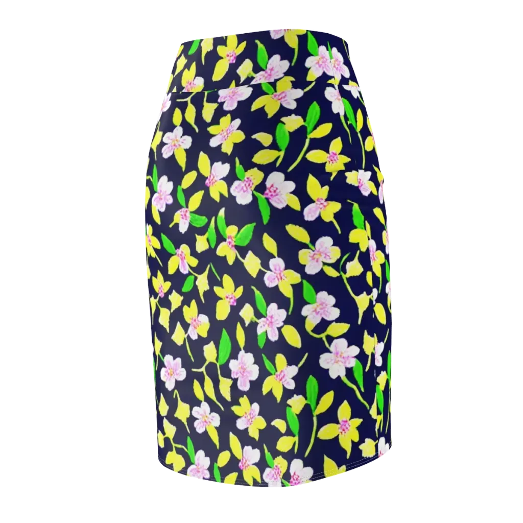 Navy Blossom on Pencil Skirt — Back Side