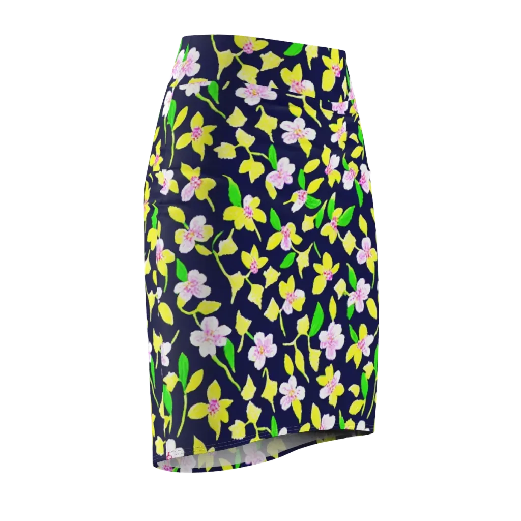 Navy Blossom on Pencil Skirt — Front Side