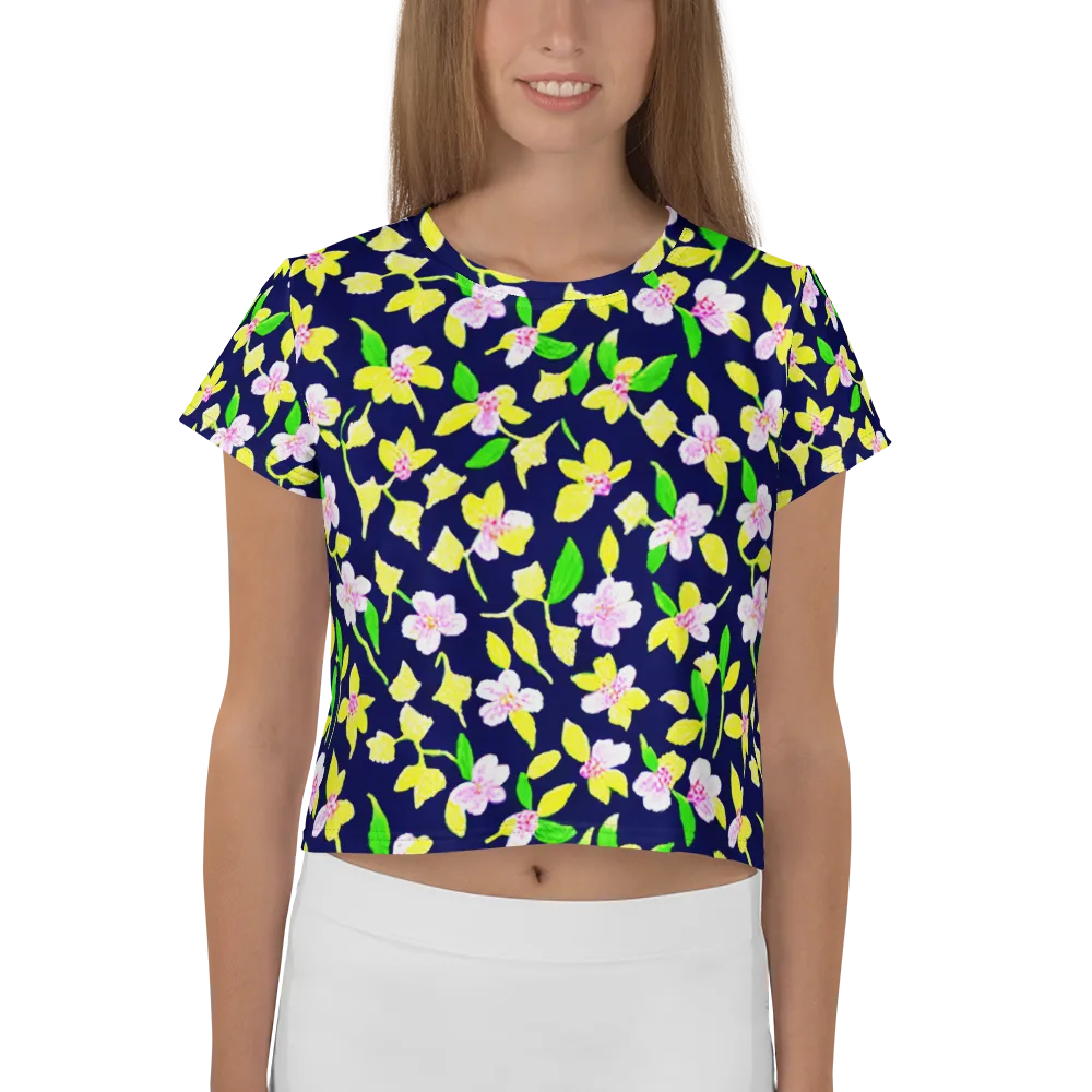 Navy Blossom on Crop Tee — Front
