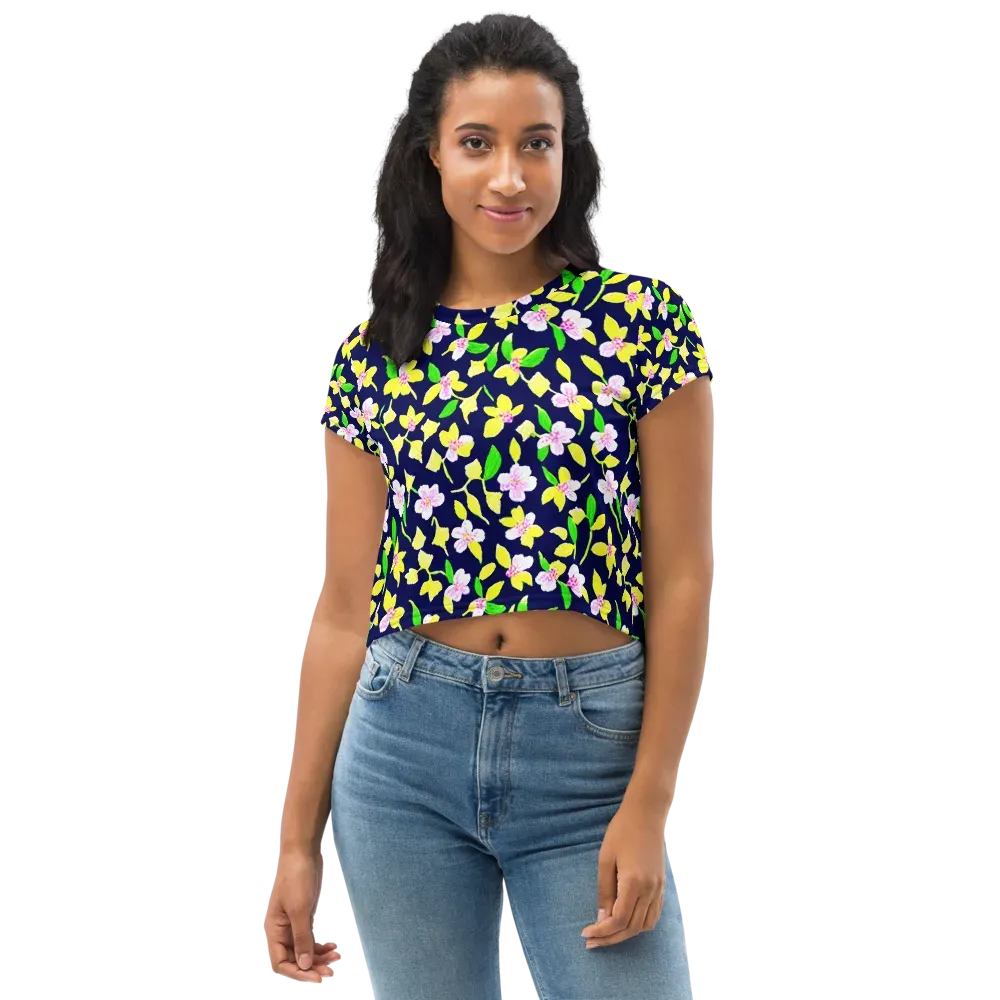 Navy Blossom on Crop Tee — Front