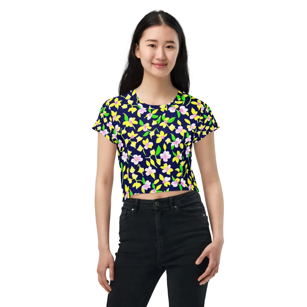 Navy Blossom on Crop Tee — Front
