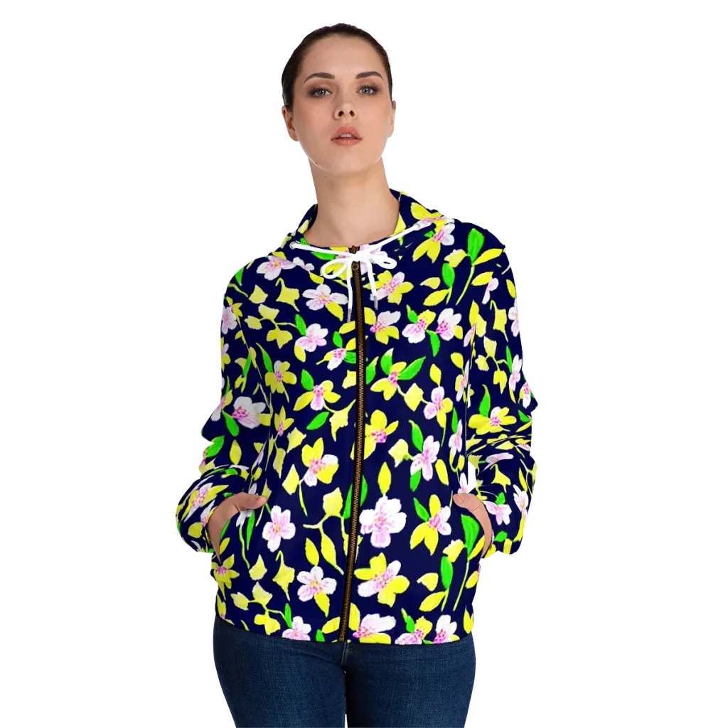Navy Blossom on Women's Full-Zip Hoodie — Front On Person