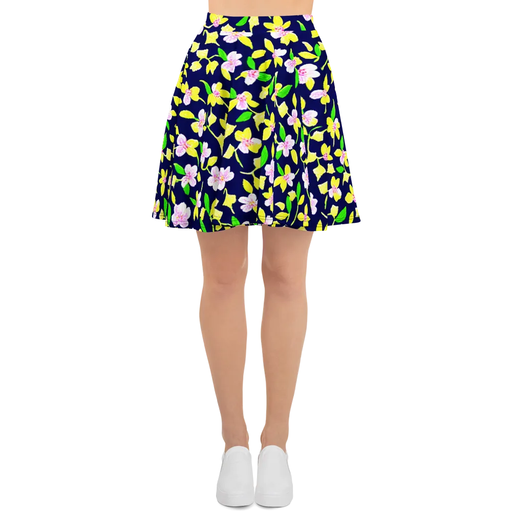 Navy Blossom on Skater Skirt — Front