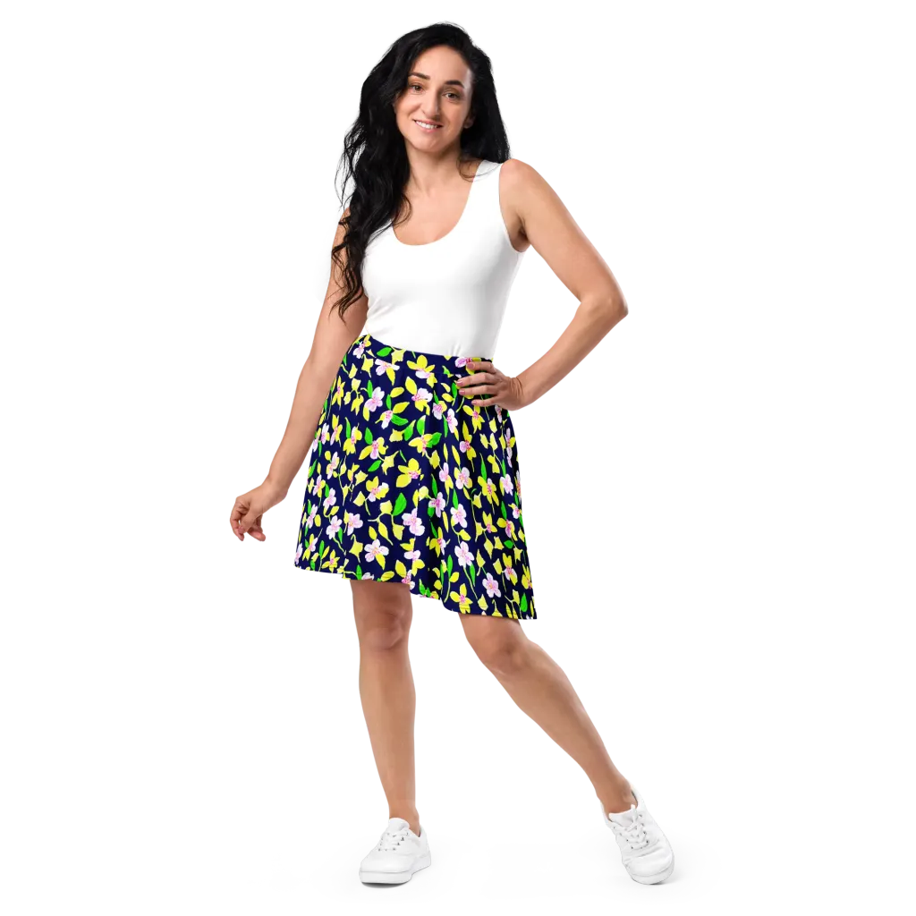 Navy Blossom on Skater Skirt — Front
