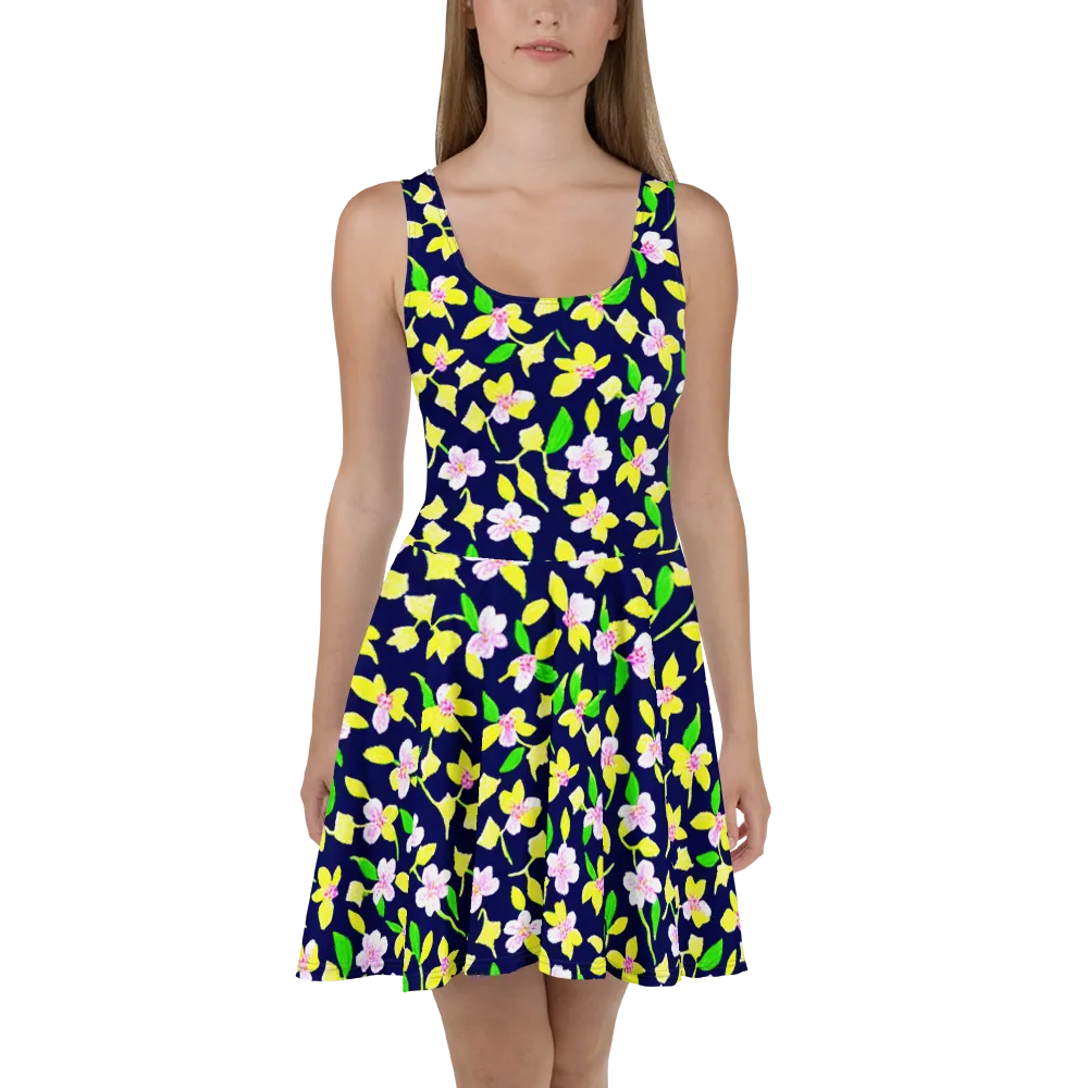 Navy Blossom on Skater Dress — Front