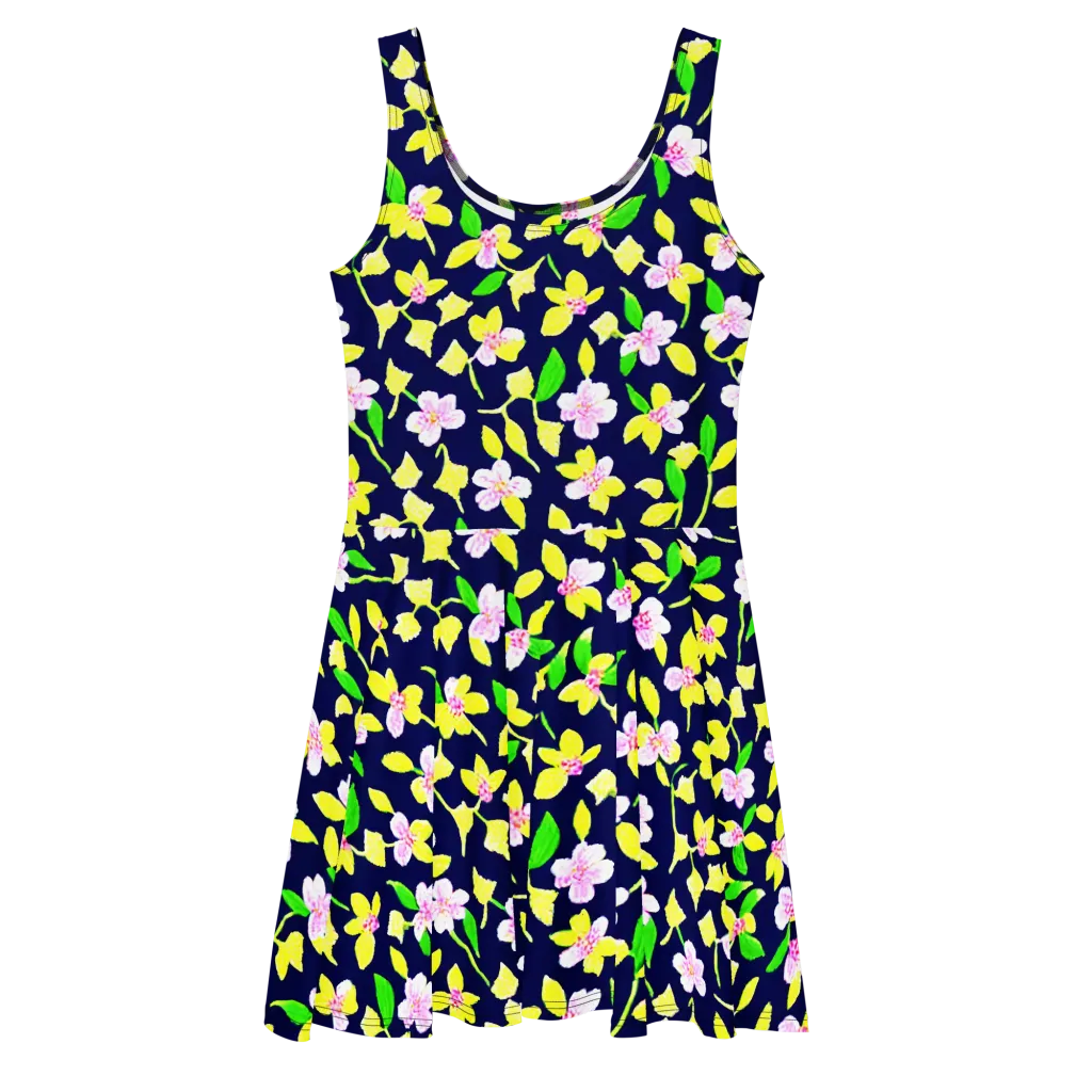 Navy Blossom on Skater Dress — Front