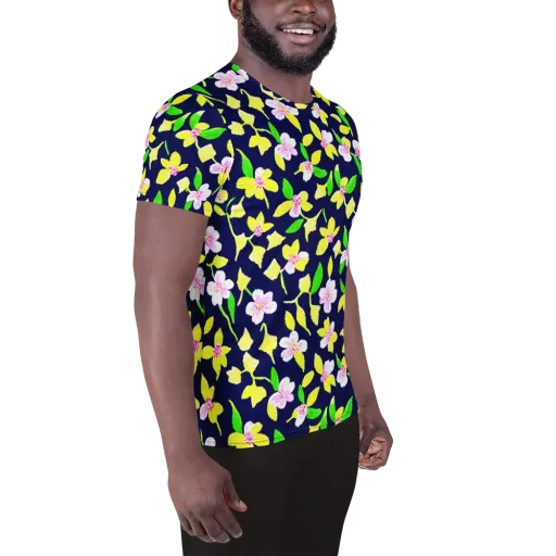Navy Blossom on a Men's Athletic T-Shirt