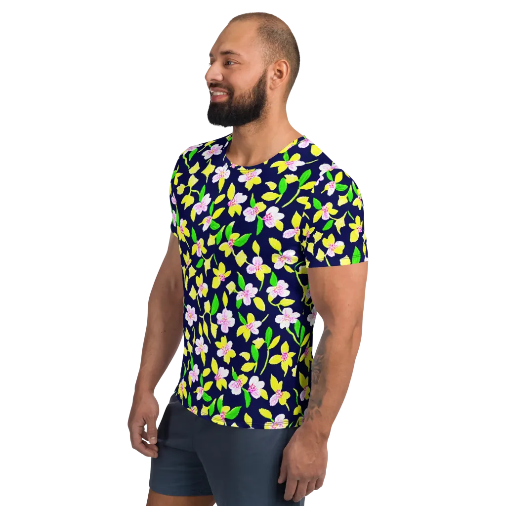 Navy Blossom on Men's Athletic T-Shirt — Left