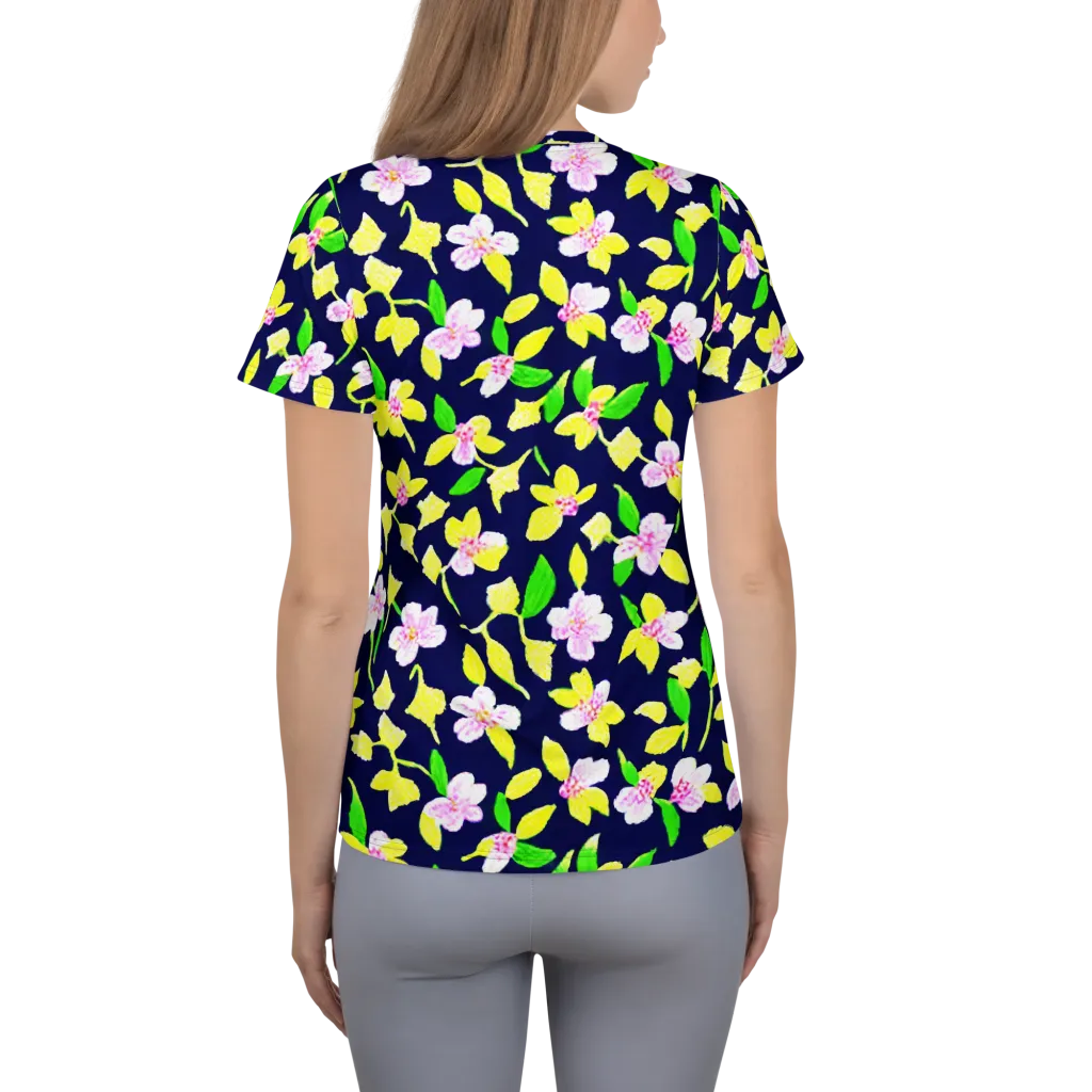 Navy Blossom on Women's Athletic T-Shirt — Back
