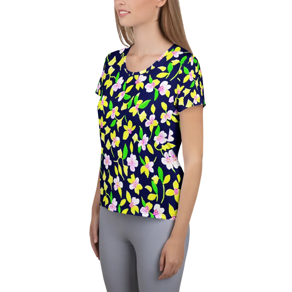 Navy Blossom on Women's Athletic T-Shirt — Left
