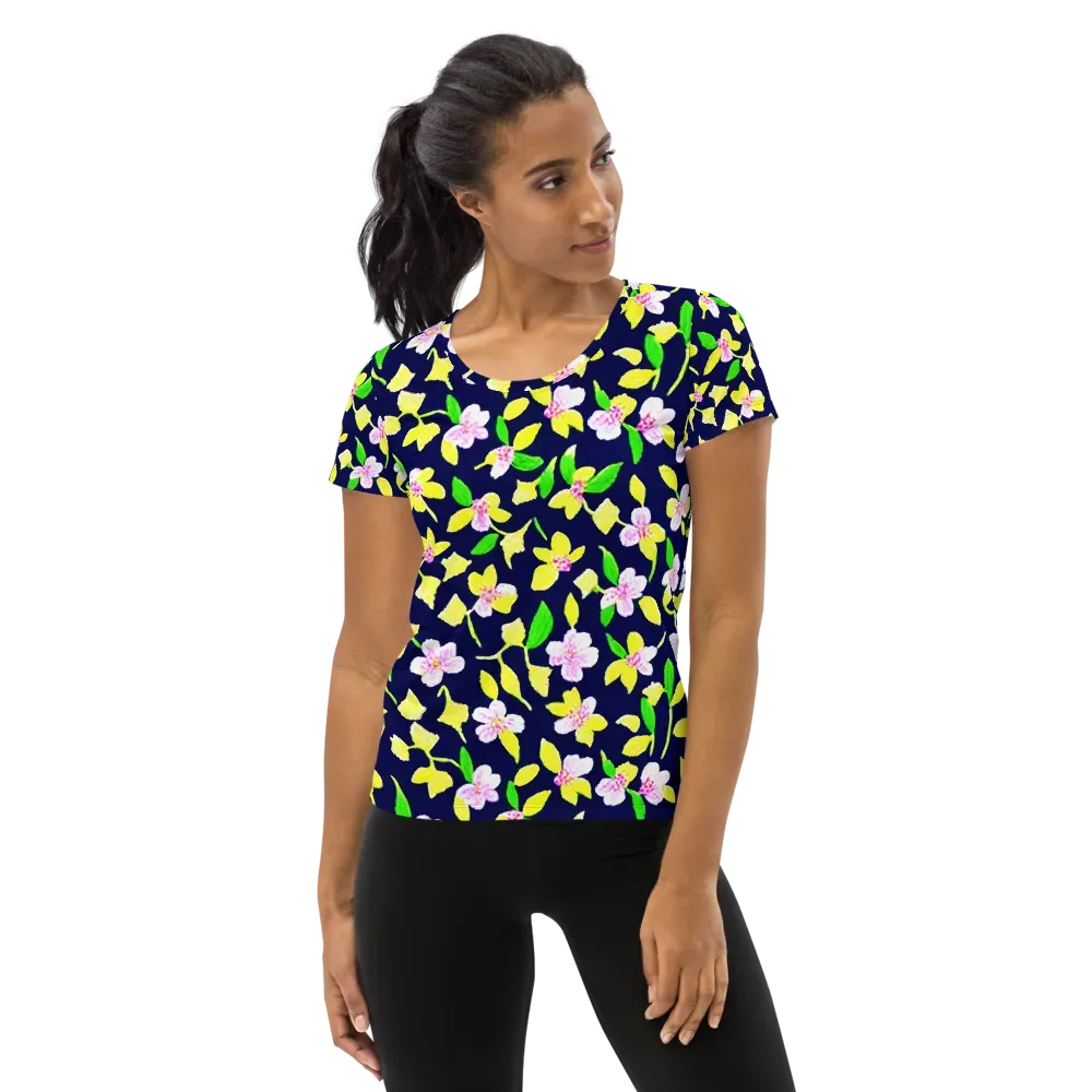 Navy Blossom on Women's Athletic T-Shirt — Front