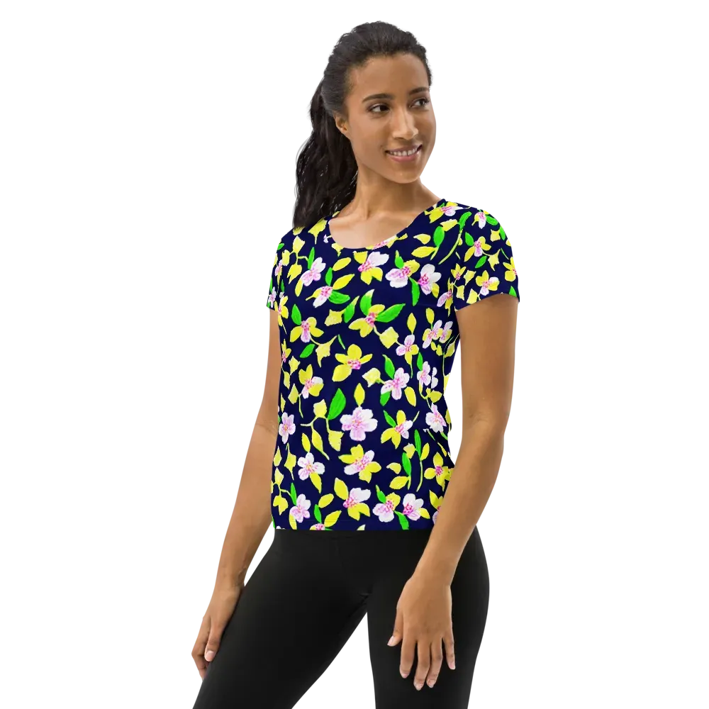 Navy Blossom on Women's Athletic T-Shirt — Left