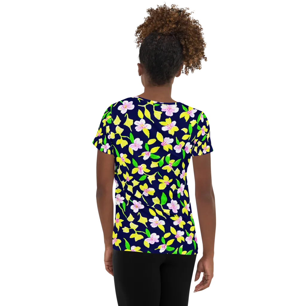 Navy Blossom on Women's Athletic T-Shirt — Back